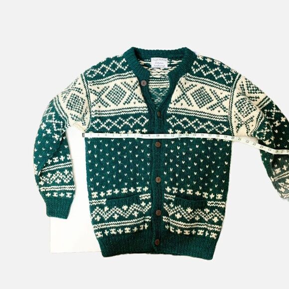 Vintage Joseph Anthony Collection Handknitted Wool Cardigan Sweater Green Cream - Picture 11 of 12